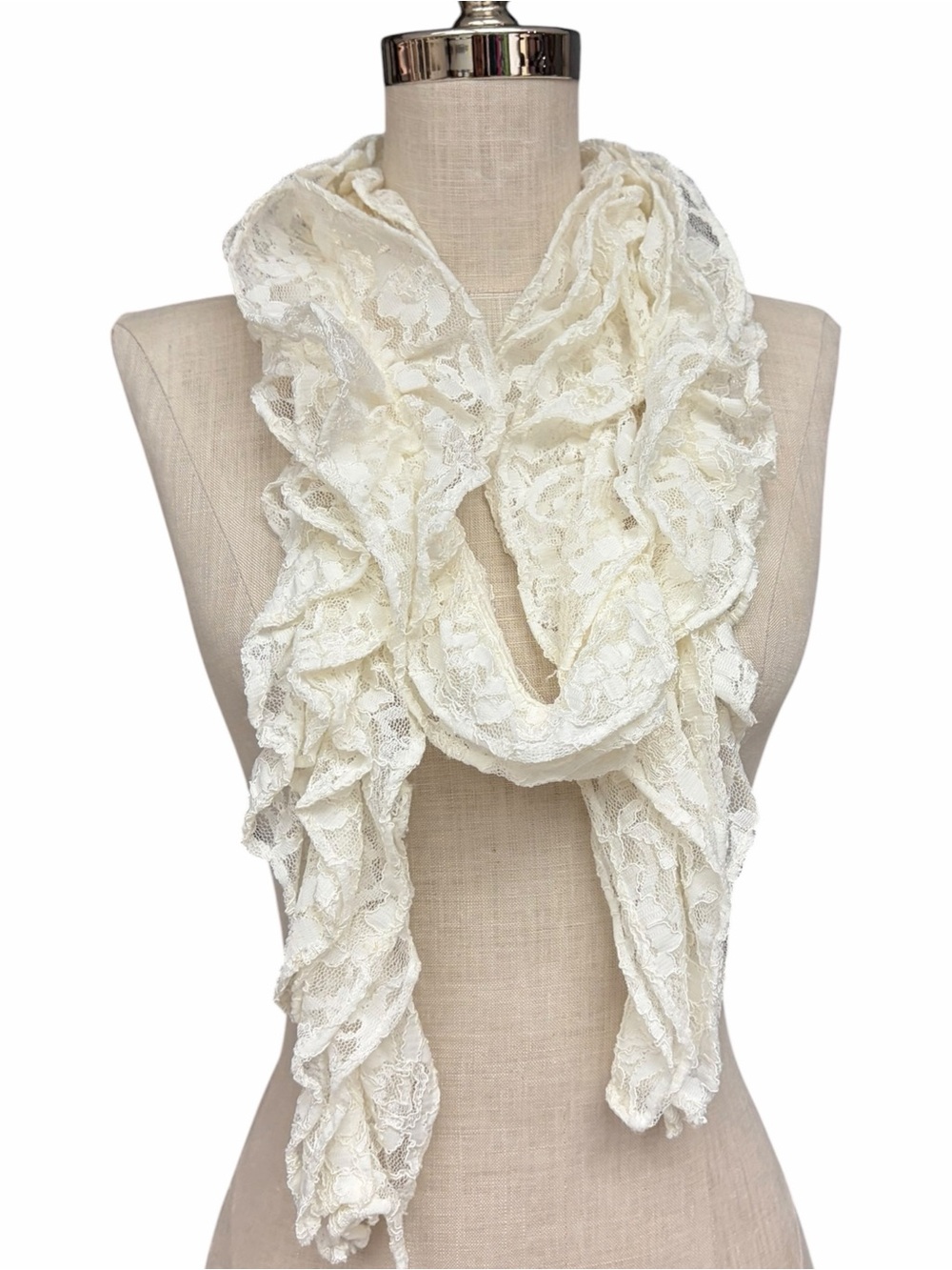 Ivory Floral Lace Ruffle Scarf Boho Romantic Cottagecore Fairy Scarf
